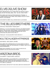 King Eddy zählt zu den gefragtesten Oldies-Entertainern Deutschlands. Mit seinen beliebten Acts begeistert er jedes Publikum: Kultschlager Hitparade – Eine musikalische Zeitreise mit den größten Schlager-Hits. Mr. Rock'n'Roll – Die unvergesslichen Klassiker des Rock’n’Roll live erleben. The Blues Brothers™ Tribute – Big Blue – Eine mitreißende Hommage an die Kultfiguren Jake & Elwood. Mr. Christmas – Das perfekte Showhighlight für die Weihnachtszeit.