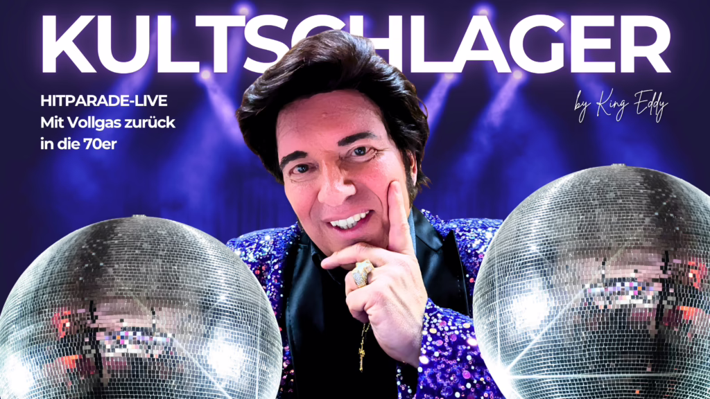King Eddy lässt die ZDF-Hitparaden-Zeit wieder aufleben – eine Retro-Schlager-Show zum Mitsingen und Feiern für Firmen, Gäste und alle, die echtes Entertainment lieben. Die Kultschlager Hitparade!